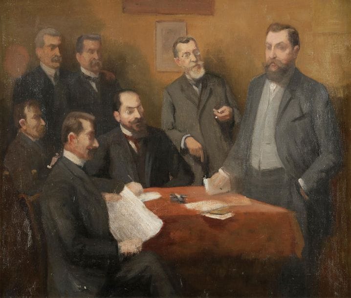 ÉCOLE FRANÇAISE fin XIXe siècle
Hommes au salon
Huile sur toile.
Non signée.
(Petits manques).
33 x 41 cm
