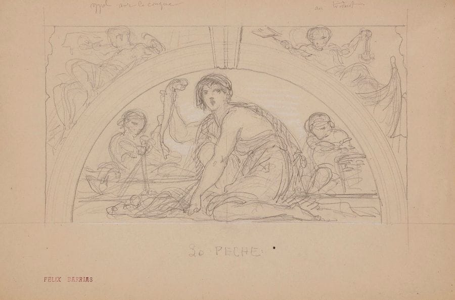 Louis-Ernest BARRIAS (1841-1905)
Deux études pour la Pêche et la Chasse
Crayon noir et rehauts de craie blanche.
Titrés et cachets de l'atelier en bas à droite (Lugt 219a).
(Petites déchirures sur les bords). 
28 x 44 cm