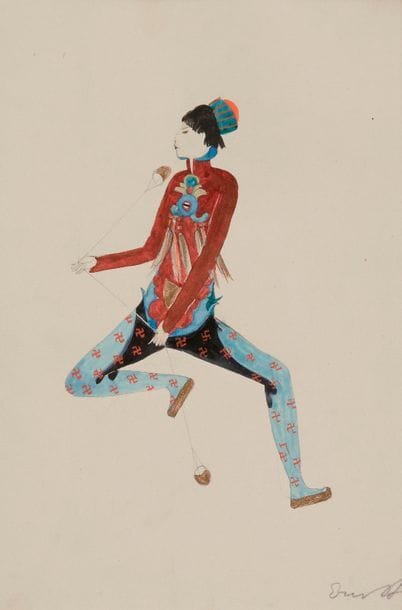 Helen ERNST (1904-1948)
Wassejongleur - Wu
Gouache et peinture or.
Signée en bas à droite.
Titrée sur le montage.
23.5 x 15 cm