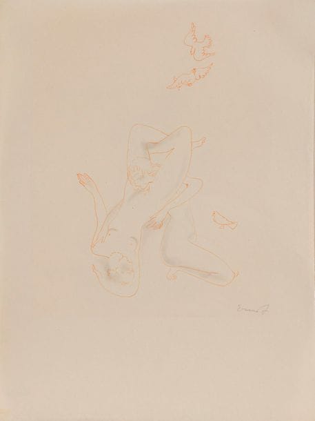 Helen ERNST (1904-1948)
Couple féminin
Encre rouge et estompe.
Signée en bas à droite.
28 x 21 cm