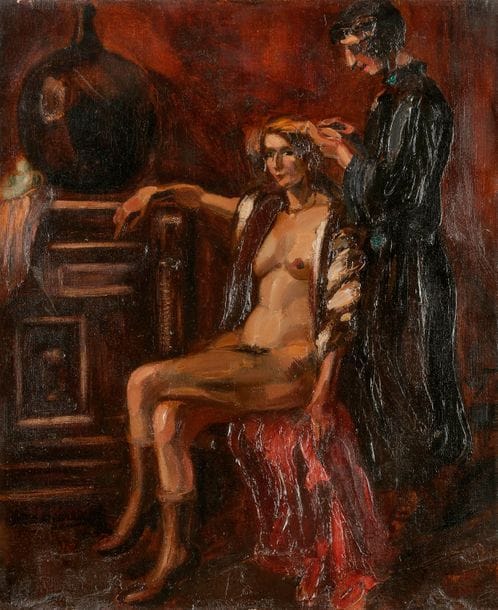 Henri LE FAUCONNIER (1881-1946)
Femme à sa coiffure
Huile sur toile.
Monogrammée sur la droite.
46 x 38 cm
- Provenance : 
Collection Gustave Coquiot (mention manuscrite au dos).