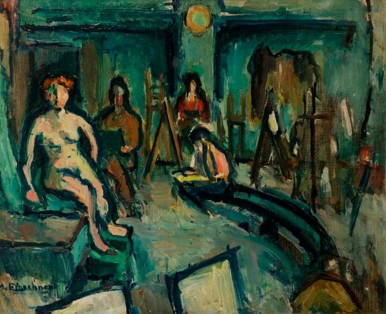 Madeleine FLASCHNER (née en 1933)
L'Atelier
Huile sur toile
Signée en bas à gauche.
Titrée au dos.
54 x 65 cm