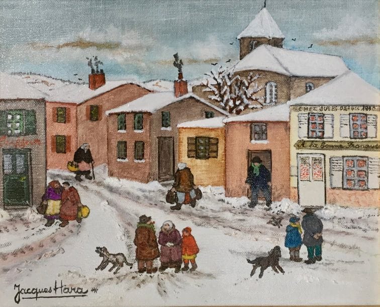 Jacques HARA (né en 1933)
L'Hiver au village
Huile sur toile.
Signée en bas à gauche.
Titrée et datée au dos.
22 x 27 cm