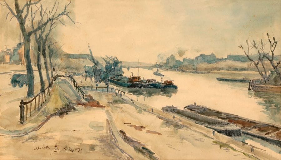 Fernand HERBO (1905-1995)
La Seine à Clichy, 1939
Aquarelle.
Signée, datée et située en bas à gauche.
35 x 62 cm