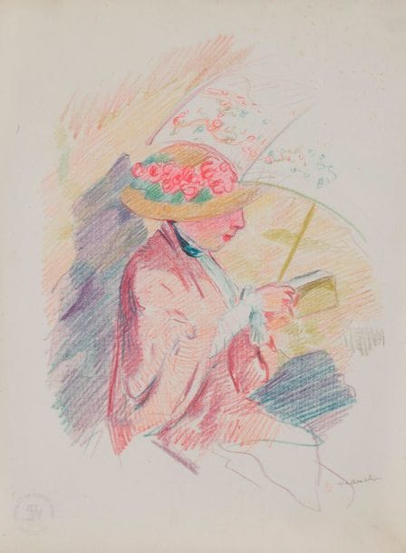 René-Georges Hermann, 
dit HERMANN-PAUL (1864-1940)
Femme au chapeau lisant
Crayons de couleurs sur vélin mince texturé.
Porte au dos le timbre de la vente de l'atelier à Chartres en 2000.
Annotation " manche " en pied à droite.
33 x 25 cm