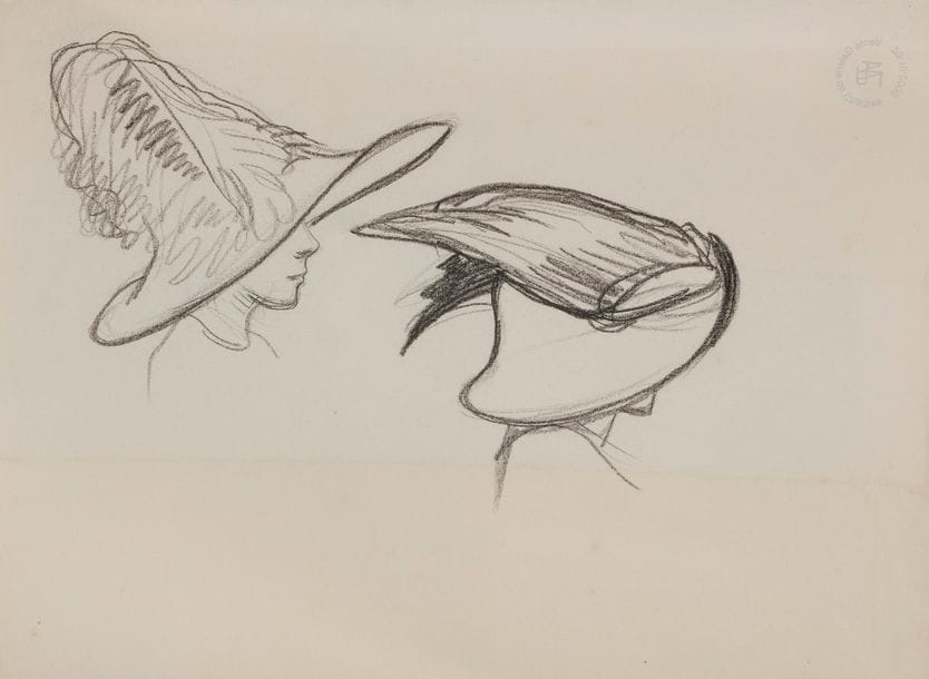 René-Georges Hermann, 
dit HERMANN-PAUL (1864-1940)
Femme assise - Études de chapeaux
Deux dessins à la pierre noire sur vélin mince.
Portent au dos le timbre de la vente de l'atelier à Chartres en 2000.
(Pli oblique médian au 2e). 
25 x 33 cm et 33 x 25 cm