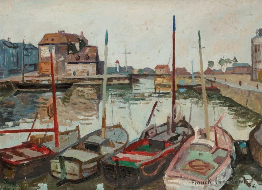 Franck INNOCENT (1912-1983)
Honfleur, la lieutenance et vieux bassin, 1961
Huile sur toile.
Signée et datée en bas à droite.
Signée, datée et titrée au dos.
60 x 80 cm