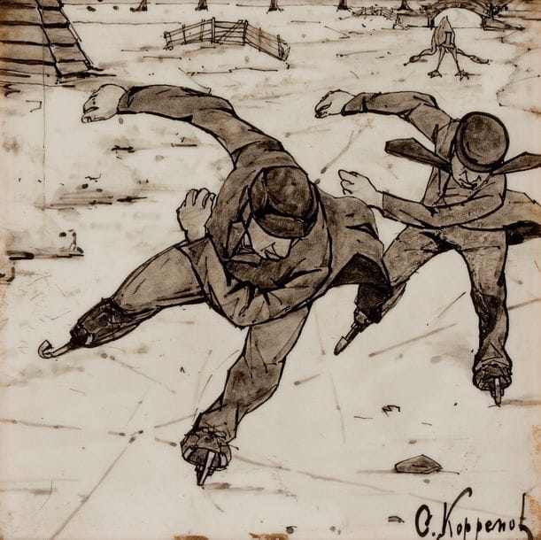 Cornelis KOPPENOL (1865-1946)
Patineur
Peinture sur céramique émaillée.
Signée en bas à droite.

15 x 15 cm