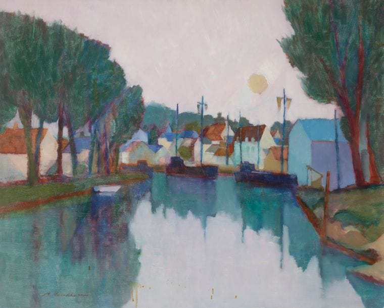Masaaki KUWAHARA (né en 1927)
Nemours, canal du Loing
Huile sur toile.
Signée en bas à gauche.
65 x 81 cm
