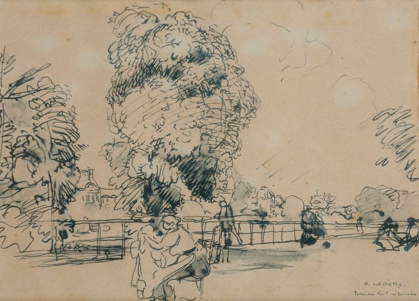 Auguste Louis LEPÈRE (1849-1918)
Terrasse aux Tuileries
Encre.
Signé et titré en bas à droite.
(Rousseurs).
15 x 19 cm