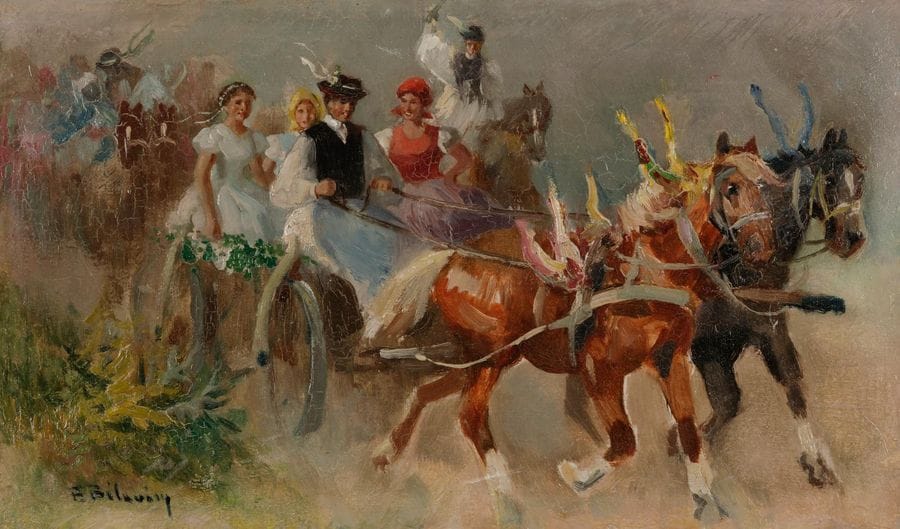 Bela BELAVARY (XIXe-XXe siècle)
Convoi de la mariée
Huile sur carton.
Signée en bas à gauche.
20 x 33 cm
