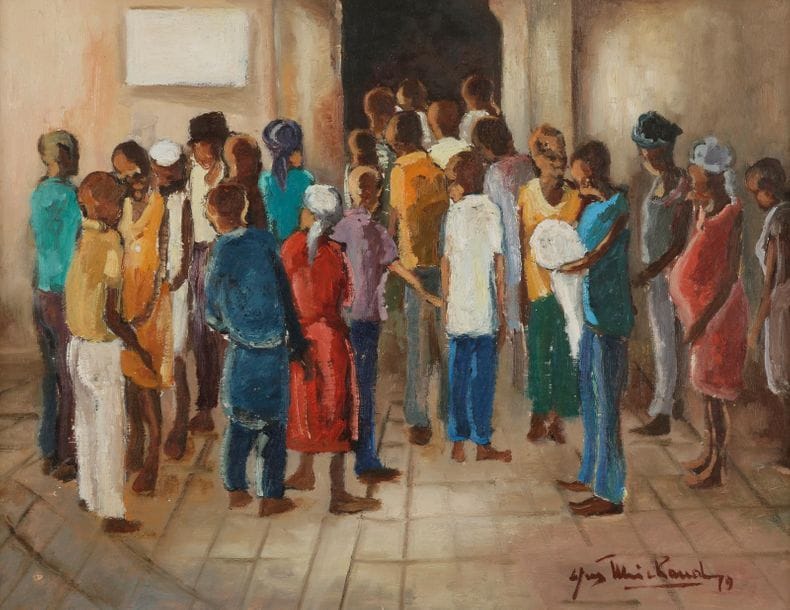 Yves MICHAUD (XXe siècle)
Réunion de famille, 1979
Huile sur isorel.
Signée et datée en bas à droite.
19 x 25 cm