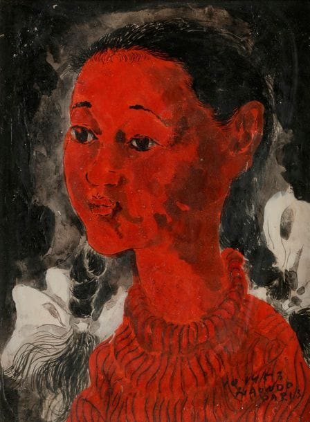 Naondo NAKAMURA [japonais] (1905-1981)
Portrait de jeune fille au nattes, 1953
Technique mixte sur panneau
Signée et datée en bas à droite.
Signée au dos.
23 x 18 cm