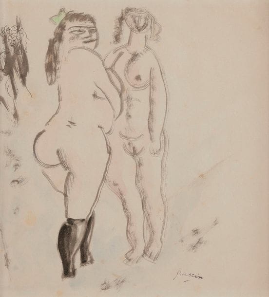 J. Pincas dit PASCIN (1885-1930)
Deux filles nues en pied
Dessin au pinceau et à l'encre de Chine sur vélin, avec croquis à la plume au bord gauche.
Timbré dans l'angle inférieur droit (Lugt 2014a).
21.5 x 21 cm
- Commentaire : 
Nous remercions le Comité Pascin d'avoir confirmé  l'authenticité de cette œuvre.