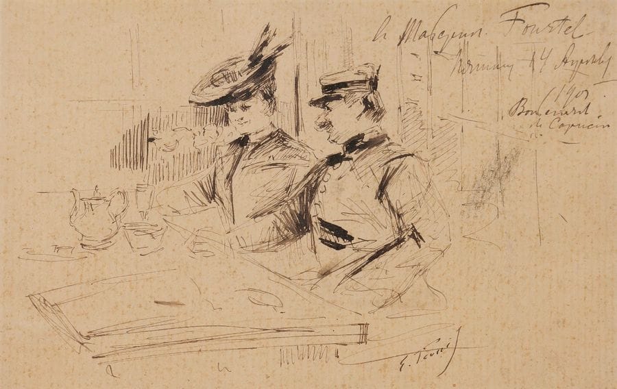 Elie-Anatole PAVIL (1873-1944)
Le Déjeuner, 1901
Encre.
Signée en bas droite.
Dédicacée et datée " A Madame Fourtel..."
(Rousseurs).
13 x 19 cm