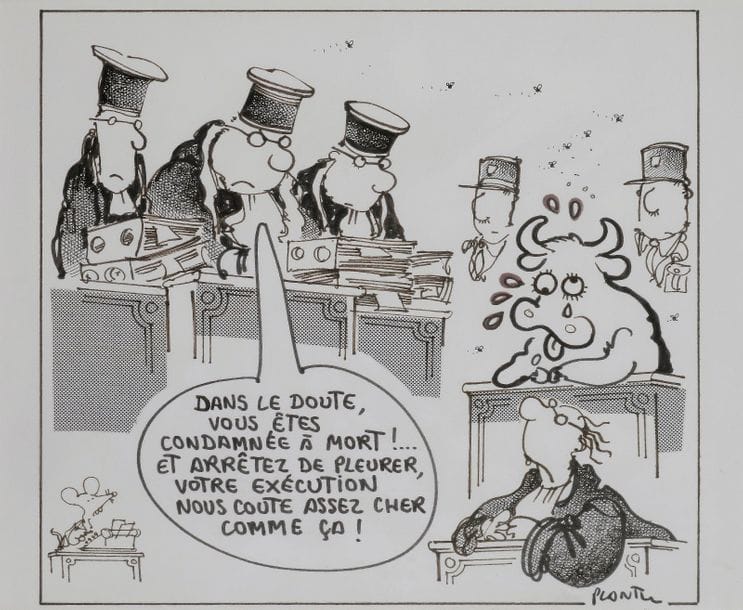 Jean Plantureux dit PLANTU (né en 1952)
La Crise de la vache folle en France, l'abattage des bêtes à la fin des années 90
Encre noire.
Signée en bas à droite.
19.5 x 20.5 cm