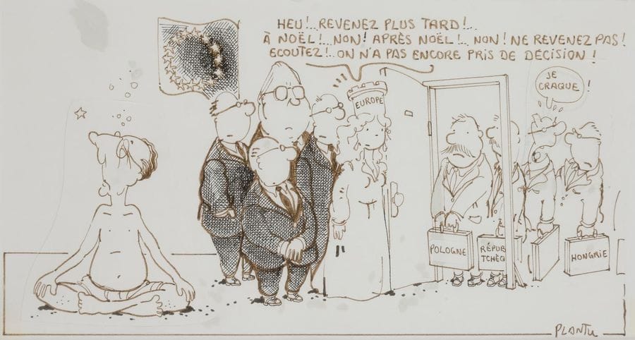 Jean Plantureux dit PLANTU (né en 1952)
Jacques Delors et l'intégration à l'Europe de la Pologne, la République Tchèque et la Hongrie
Encre noire, encre brune et collage.
Signé en bas à droite.
12.5 x 24.5 cm