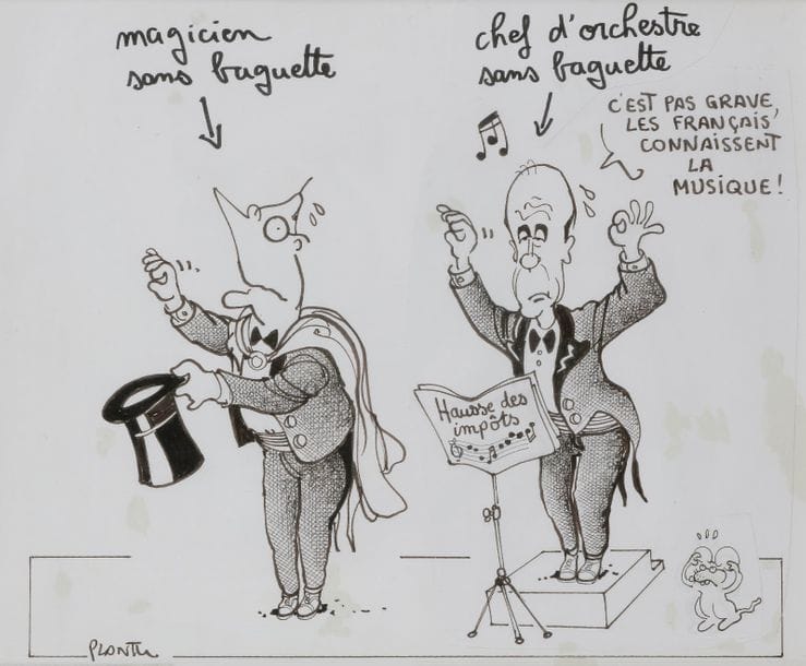 Jean Plantureux dit PLANTU (né en 1952)
Jacques Chirac, Alain Juppé et la hausse des impôts en 1995
Encre noire et collage.
Signé en bas à gauche.
20 x 23 cm