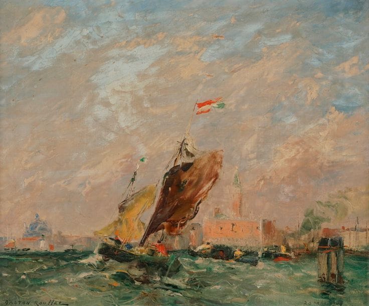 Gaston ROULLET (1847-1925)
Venise, voilier sur le grand canal, 1909
Huile sur toile.
Signée et datée.
(Petits accidents).
33 x 41 cm