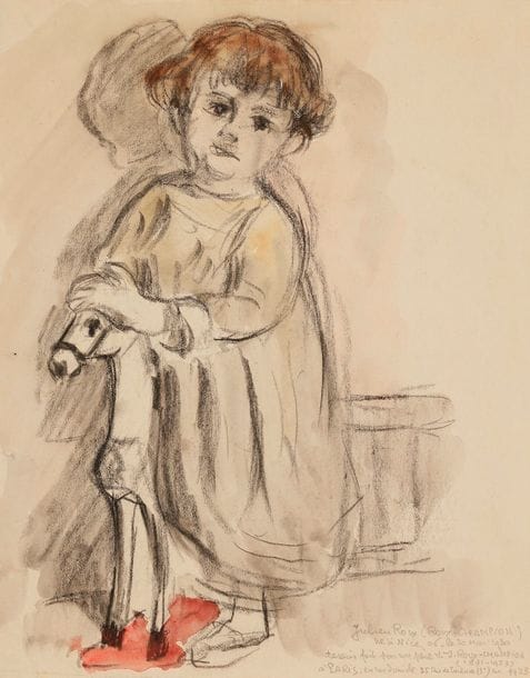 Joseph-Victor ROUX-CHAMPION (1871-1953)
Portrait du fils de l'artiste, Julien, 1923
Dessin au fusain, lavis d'encre de Chine et rehauts d'aquarelle sur vélin mince.
Annotation dans l'angle inférieur droit du sujet : " Julien Roux (Roux-Champion / né à Nice 06 - le 20 mai 1920 / dessin fait par son père V.-J. Roux-Champion (1871-1953) à Paris ; en son domicile 35 Rue de Turenne (3e) en 1923 ". 
(Courte déchirure en pied à gauche, habilement restaurée au verso).
31 x 24,4 cm