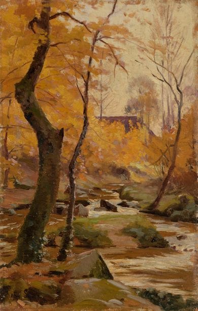 Henri SAINTIN (1846-1899)
Torrent
Huile sur panneau.
Porte le cachet à la cire rouge de la vente de l'atelier en 1899 au dos.
23.5 x 15 cm