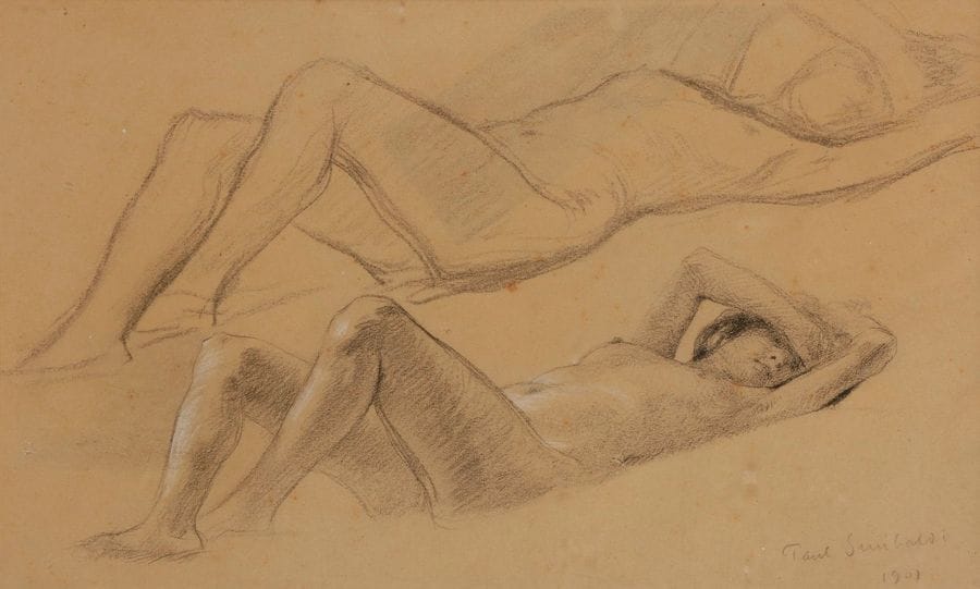 Jean Paul SINIBALDI (1857-1909)
Etude de nu, 1901
Fusain et craie blanche.
Signé en bas à droite.
21 x 35 cm