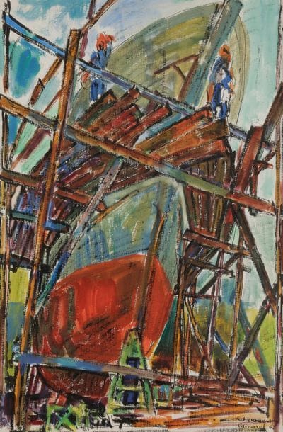 Charles TCHERNIAWSKY (1900-1976)
Chantier à Camaret (Bateau au radoub), 1962
Aquarelle et gouache.
Signée, datée et titrée au dos. 

55 x 37.5 cm
