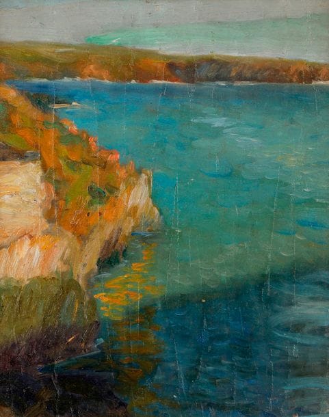 Pierre BERTRAND (1884-1975)
Les Rochers de Doelan, 1906
Huile sur panneau.
Monogrammée en bas à droite.
Signée et datée et titrée au dos.
25.5 x 20.5 cm