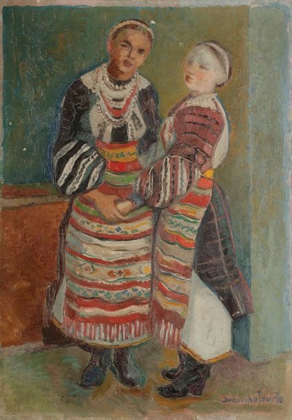 Suzanne TOURTE (1904-1979)
Deux femmes en costume traditionnel
Huile sur toile.
Signée en bas à droite.
(Manques).
68 x 47 cm