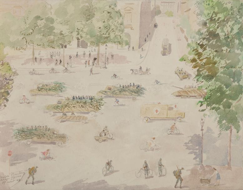 Louis VALDO-BARBEY (1883-1965)
Pêcheurs à San Vincenzo, 1935 - Naples, 1937 - Les Champs Élysées, 17 et 19 août 1944
4 aquarelles.
Signées et datées.
20.5 x 26.5 cm - 20 x 26.5 cm - 37 x 36.5 cm - 26 x 32 cm
On joint 6 gouaches ou aquarelle non signées du même artiste.