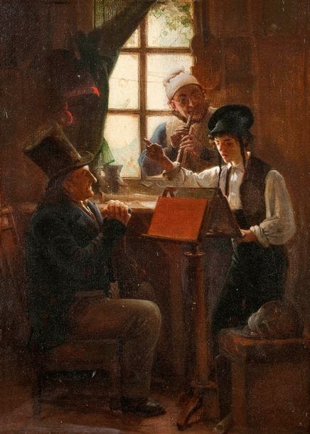 Jean-Georges VIBERT (1840-1902)
La Leçon de musique, 1864
Huile sur toile.
Signée et datée en bas à gauche.
46 x 33 cm
