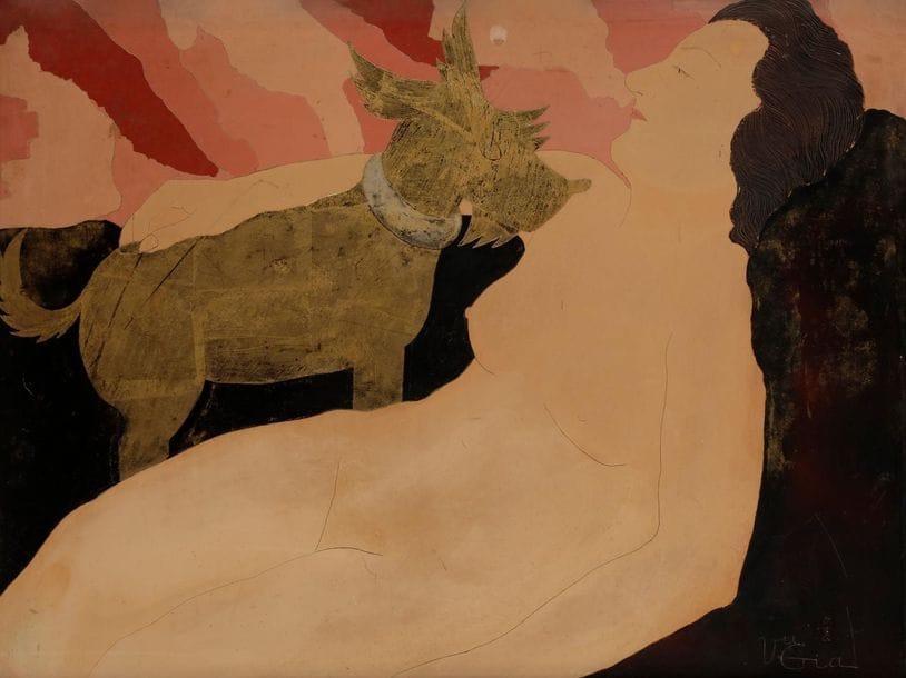 VU-GIA (1900-1976)
Femme au chien
Peinture, émail et dorure sur plaque de cuivre gravée.
Signée en bas à droite.
50 x 65 cm