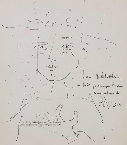 Paul AIZPIRI (1919-2016)
Portrait, vers 1975
Encre sur une page de revue.
Signée et dédicacée.
26 x 22.5 cm