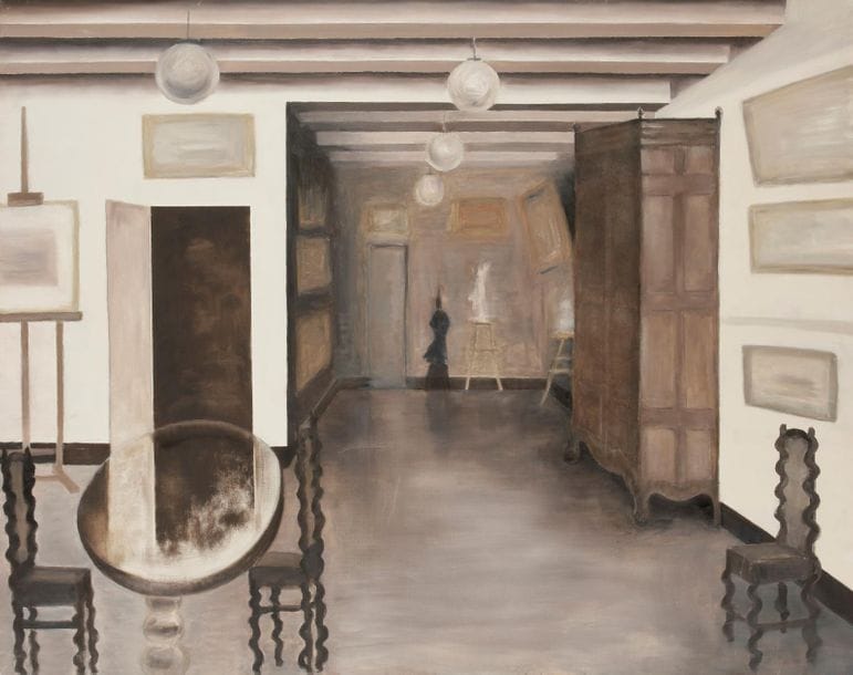 Suzanne CATTAN (1910-?)
L'Atelier I, 1977
Huile sur toile.
Signée, datée et titrée au dos.
130 x 162 cm