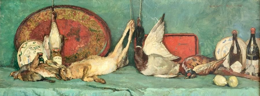 Constantin FONT (1890-1954)
Nature morte au gibier, 1931
Huile sur toile.
Signée et datée en haut à droite.
67 x 171 cm