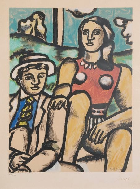 D'après Fernand LEGER
Femme et homme en chapeau, vers 1978
Lithographie d'après le tableau La Partie de campagne (fragment).
Porte le timbre de la signature.
Numérotée sur 350.
65 x 51 cm