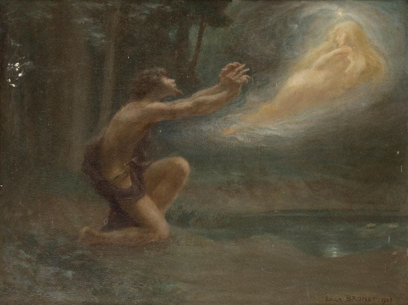 Émile Jean Marie BRUNET (1869-1943)
L'Apparition, 1903
Huile sur toile.
Signée et datée en bas à droite.
(Rentoilée, accidents).
50 x 65 cm