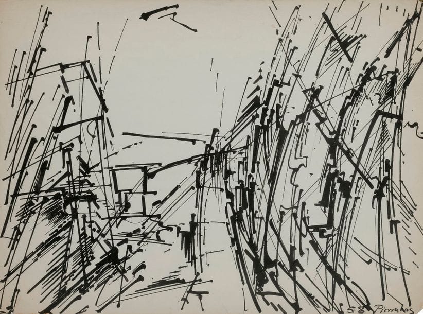Alkis PIERRAKOS [grec] (né en 1920)
Bâtisses, 1958
Encre.
Signée et datée en bas à droite.
27 x 35.5 cm