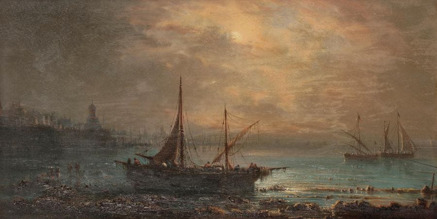 Natalie BURLIN (1875-1921)
Pécheurs au crépuscule
Huile sur panneau.
Signée en bas à droite.
21.5 x 41 cm