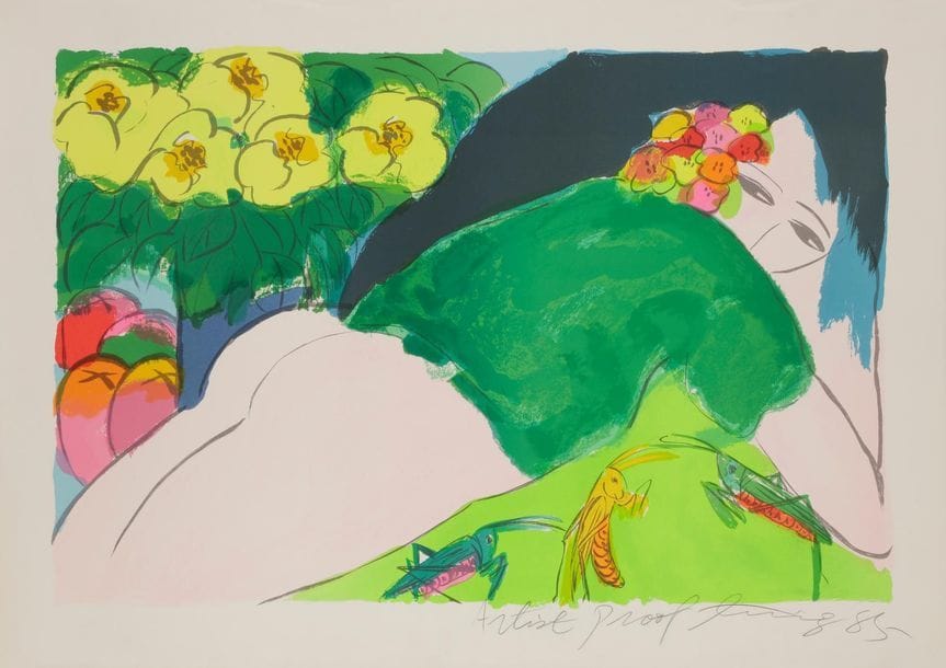 Walasse TING (né en 1929)
Femme nue aux fleurs, 1985
Lithographie.
Signée et datée en bas à droite.
Épreuve d'artiste.
72 x 101 cm