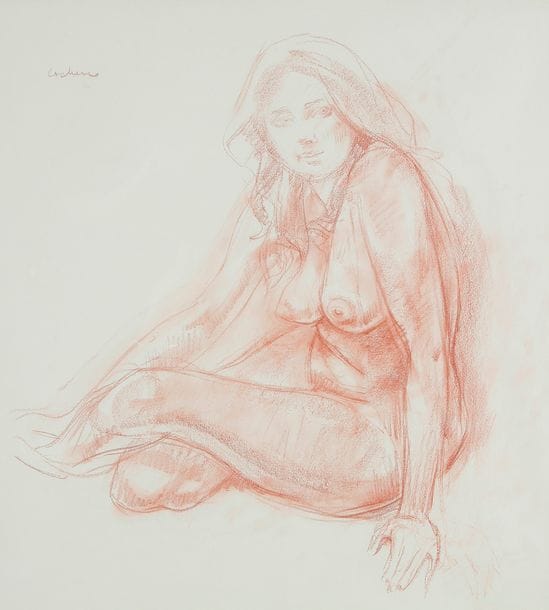 François CACHEUX (né en 1923)
Gizou assise, vers 1970
Dessin à la sanguine sur vélin blanc.
Signée en haut à gauche.
41.5  x  38 cm

