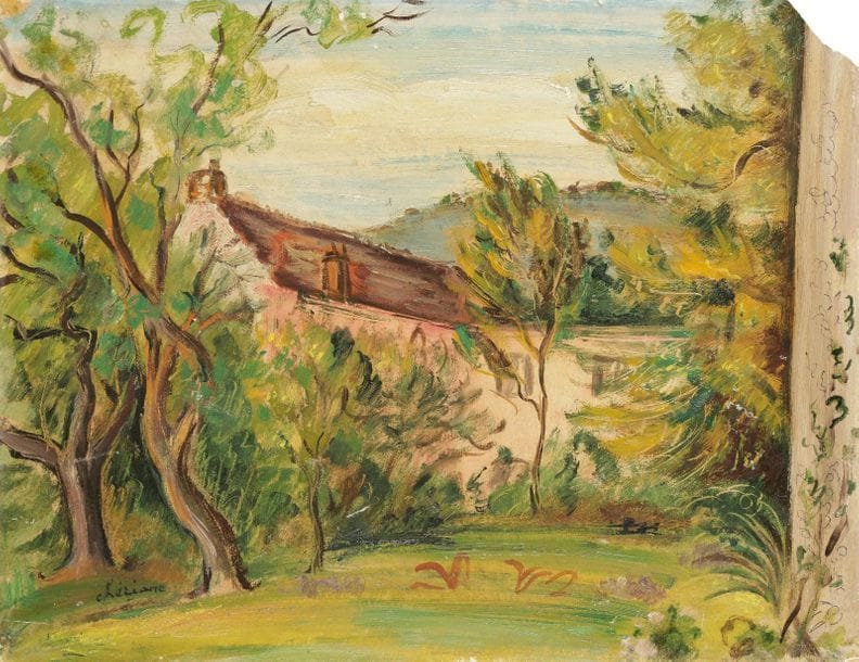 CHERIANE (1900-?)
La Maison rose à Nesles
Huile sur carton toilé.
Signée en bas à gauche. 
Signée et titrée au dos.
27 x 35 cm