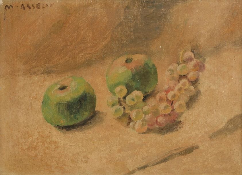 Maurice ASSELIN (1882-1947)
Nature morte aux pommes et aux raisins
Huile sur toile sur panneau parqueté.
Signée en haut à gauche.
24 x 32.5 cm