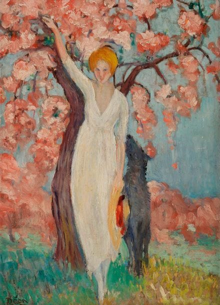 Georges DEON (XXe siècle)
Femme sous l'arbre en fleur
Huile sur panneau.
Signée en bas à gauche.
34 x 26 cm