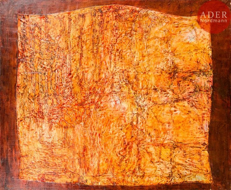 Jean-Pierre LE BOUL'CH (1940-2001)
Annie, 1974-90
Huile et collage sur toile.
Signée en bas à gauche et datée à droite.
(Usures).
130 x 162 cm