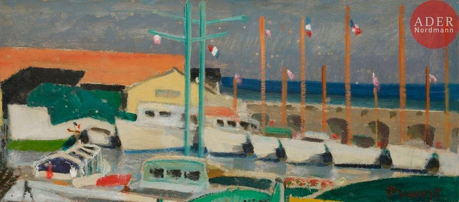 Pierre PRUVOST (1921-2008)

Port aux drapeaux
Huile sur carton.
Signée en bas à droite.
22 x 51 cm