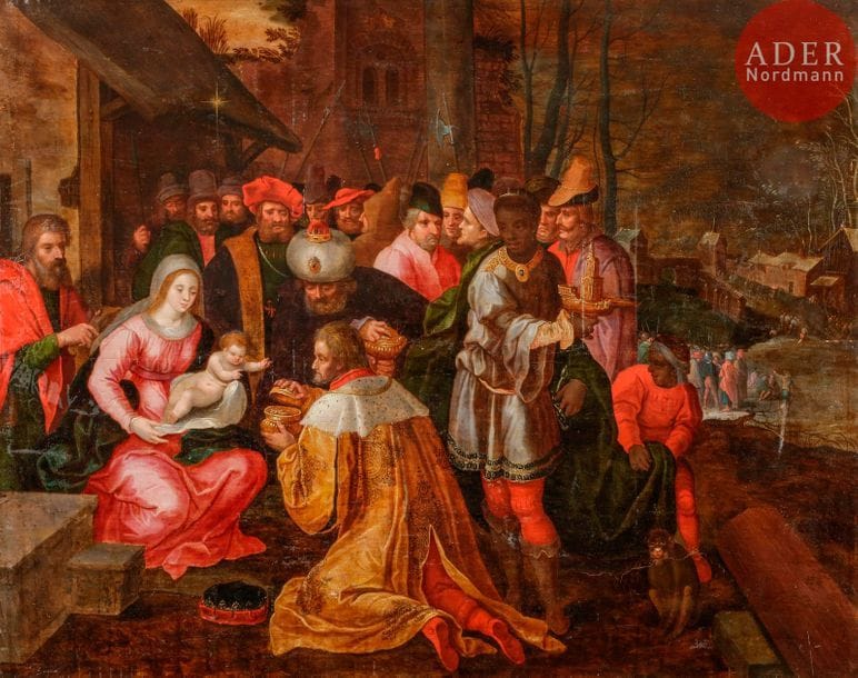 École FLAMANDE du XVIIe siècle, 
atelier de Frans FRANCKEN II
L’Adoration des Mages
Panneau de chêne deux planches non parqueté
52 x 66 cm
Soulèvements et restaurations anciennes fentes
Sans cadre