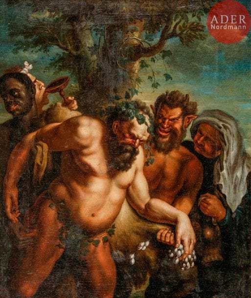 Dans le goût de Jacob JORDAENS
L’ivresse de Silène
Huile sur toile
Au revers du châssis, une ancienne inscription : Carl Eduard Von Lipsbart
41 x 34 cm
Restauration au dos