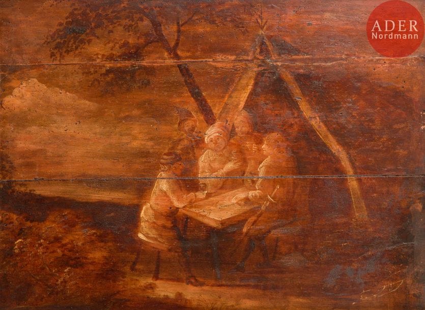 Dans le gout du XVIIe siècle
Personnages attablés
Huile sur panneau
55,5 x 74 cm
(fentes, trous de ver, restauration et accidents)