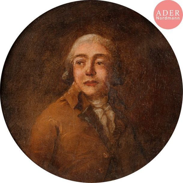 École ANGLAISE 1787, MOLINCAM*** (?)
Portrait d’homme en buste
Huile sur papier marouflé sur toile 
Signée, localisée, datée en bas à droite : Molincam (?)/London/1787
Diam. : 20,5 cm